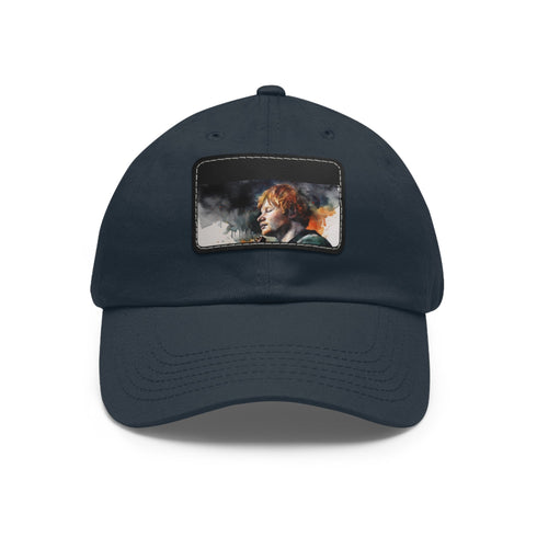 Ed Sheeran white watercolor baseball cap with light brown patch.