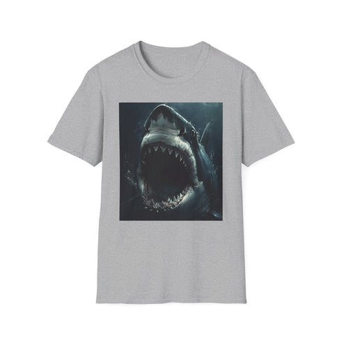 Charcoal cotton t-shirt with fierce Jaws shark painting capturing primal ocean power