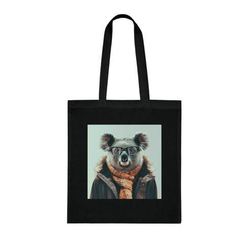 Stylish black cotton tote bag with chilled-out koala design.