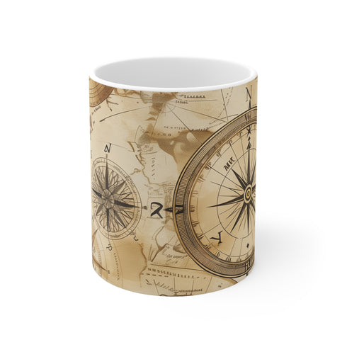 Vintage map pattern ceramic coffee mug, 11 oz, perfect for adventurers.