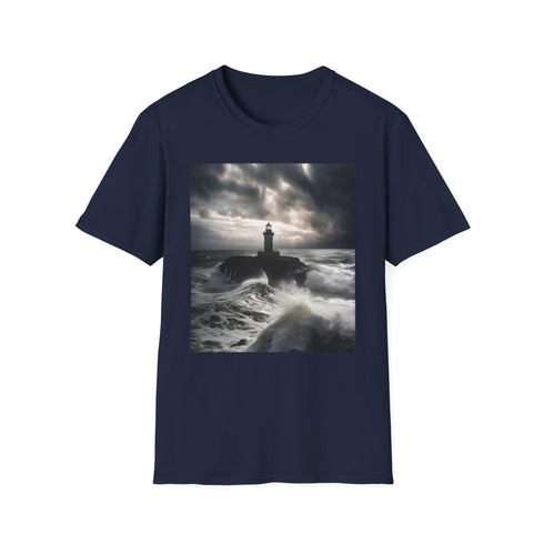 Resilient charcoal T-shirt featuring lighthouse design symbolizing strength and determination