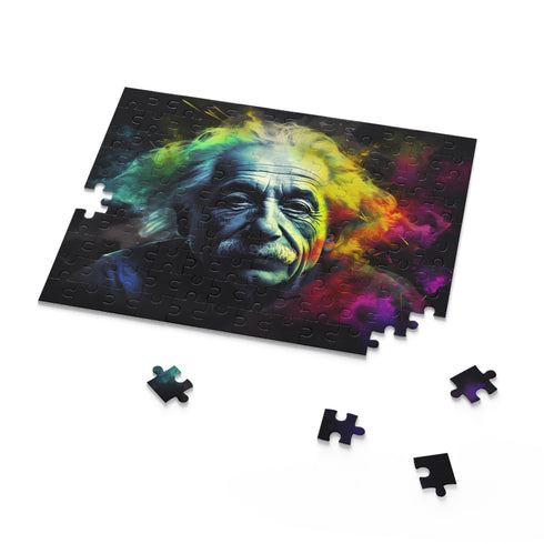 Neon Einstein Jigsaw Puzzle, vibrant watercolor portrait of Albert Einstein.