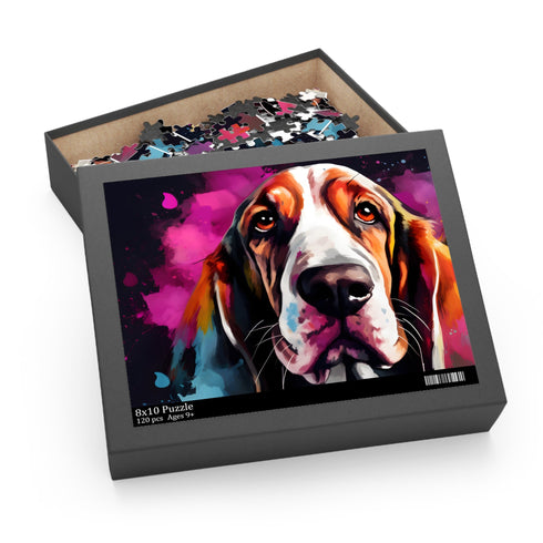 Basset Hound themed dog puzzle with vibrant 120 pieces.
