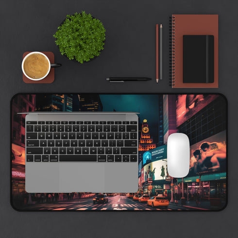 Nighttime Times Square Desk Mat with urban skyline photograph.