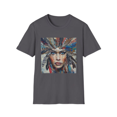 Charcoal cotton t-shirt with vibrant bohemian feather design for summer adventures