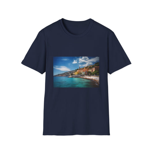 Charcoal cotton summer T-shirt with crew neck featuring azure shoreline design