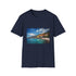 Charcoal cotton summer T-shirt with crew neck featuring azure shoreline design