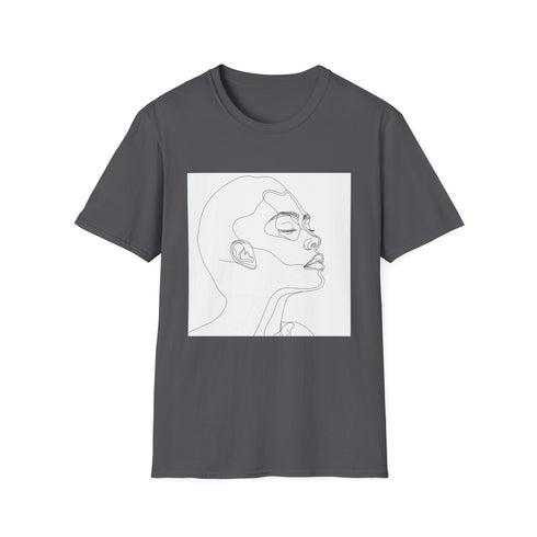 Minimalist charcoal cotton T-shirt with elegant line art face design.