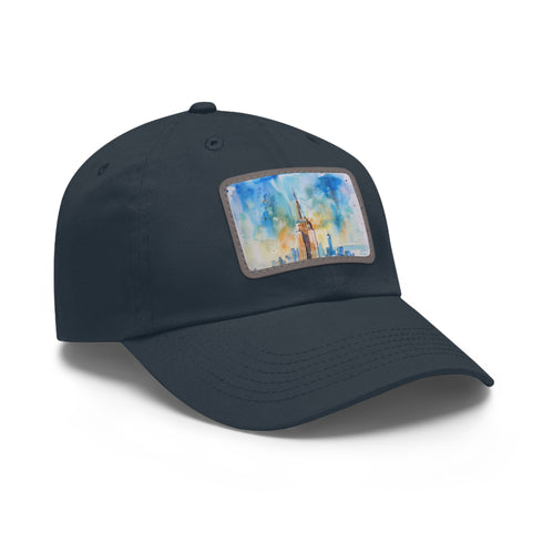 Empire State Skyline Watercolor Cap, White/Light Brown Rectangle Hat.