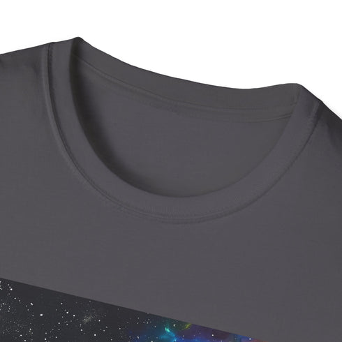 Charcoal cotton t-shirt featuring vibrant galaxy and nebula print