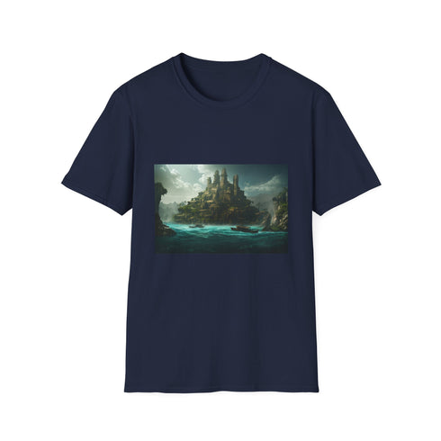 Charcoal DTG crew neck cotton T-shirt with vibrant Atlantis-inspired design