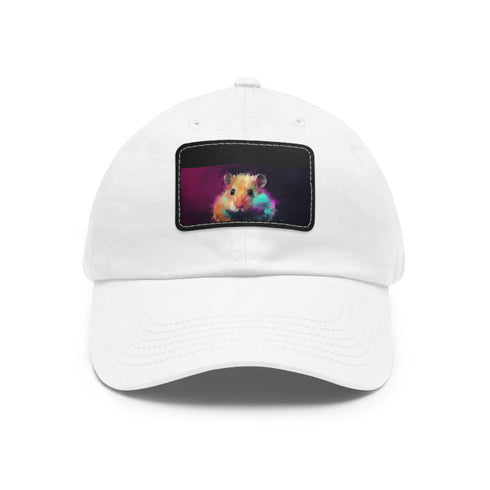 Neon hamster baseball cap with watercolor design, white/light brown patch.