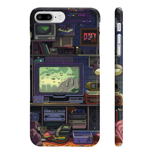 Retro video game phone case with colorful pixel art design.