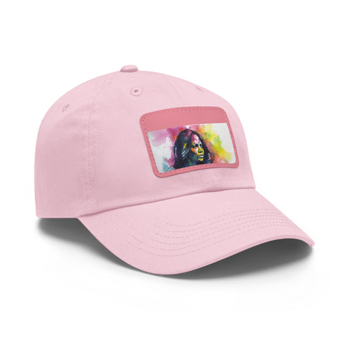 White baseball cap with light brown patch, neon dreams design.