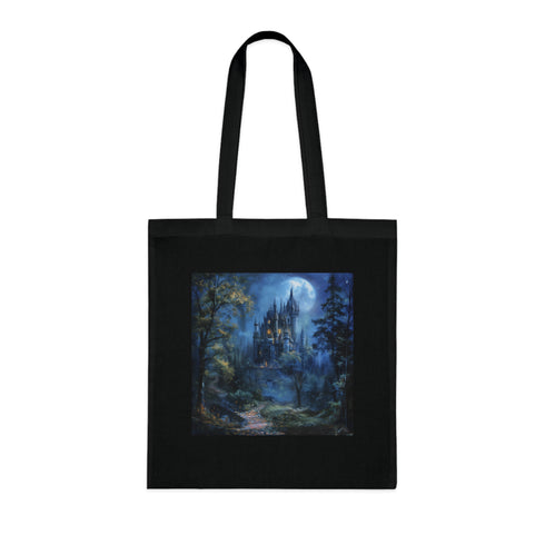 Mystical Moonlight Castle Tote Bag in black cotton, enchanting moonlit design.