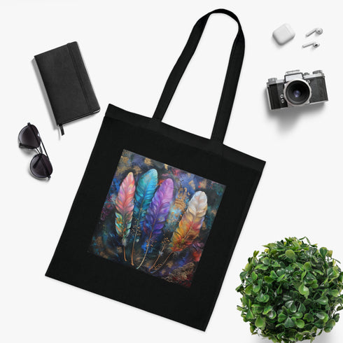 Bohemian black cotton tote bag with feather design.