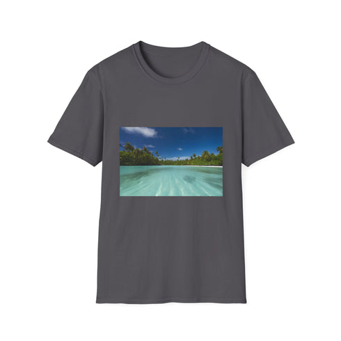 Charcoal crew neck T-shirt featuring idyllic Aitutaki lagoon vibrant and tranquil