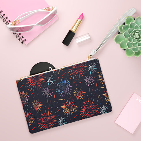 Vibrant festive clutch bag with colorful bursts of joy pattern.