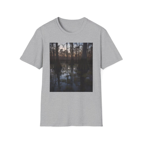 Charcoal cotton T-shirt with twilight cypress swamp graphic and crew neck design