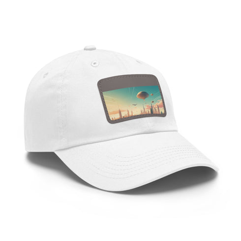 Future Skies Cap with futuristic urban skyline design in white.