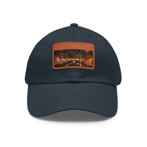 White cotton baseball cap featuring Amsterdam Canals night scene.