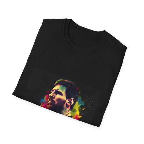 Vibrant watercolor football T-shirt showcasing Messi's skills in charcoal cotton fabric