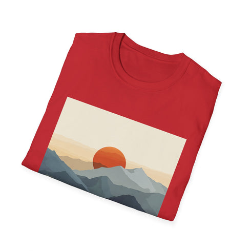 Minimalist charcoal t-shirt with sunrise mountain range graphic.