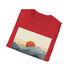 Minimalist charcoal t-shirt with sunrise mountain range graphic.