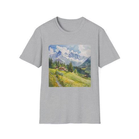 Charcoal watercolor Swiss Alps t-shirt with serene mountain design in cotton fabric