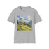 Charcoal watercolor Swiss Alps t-shirt with serene mountain design in cotton fabric