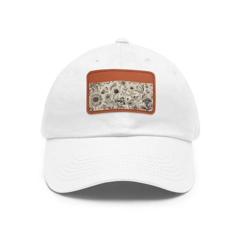 Botanical baseball cap with light brown patch and botanical illustrations.