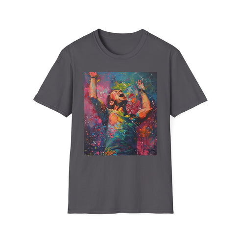 Charcoal DTG cotton T-shirt featuring Coldplay-inspired vibrant portrait art