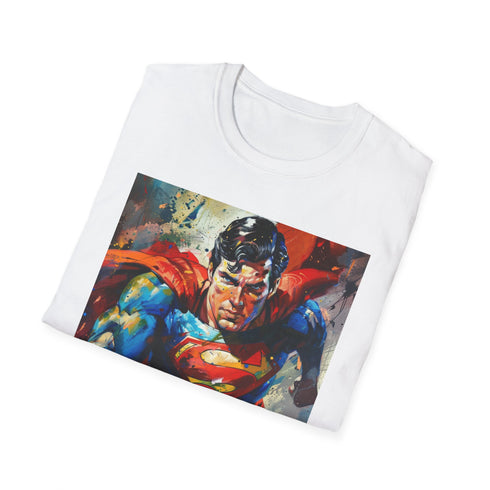 Charcoal crew neck T-shirt with vibrant Superman portrait and soft cotton fabric