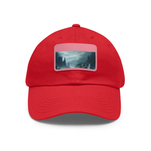 White cotton baseball cap with mystical landscape design.