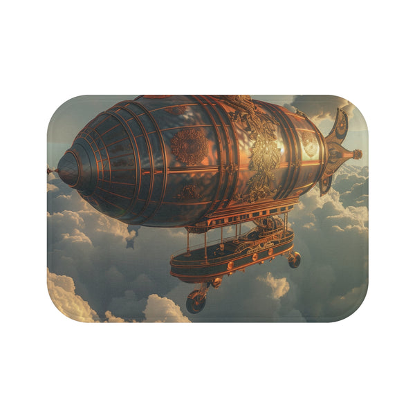 Alt text: Steampunk Airship Adventures Bath Mat featuring a majestic airship soaring above the clouds, adorned with intricate gears and gadgets. Perfect for adding a touch of Victorian futurism to your bathroom decor. Size: 24 x 17. Made of high-quality material, comfortable, stylish, and suitable for all seasons. Ideal as a gift. Visit our shop for more unique designs. © Copyright 2023 - BenCPrints.