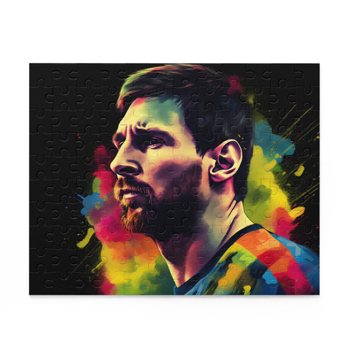 Vibrant watercolor neon Messi puzzle for fans and enthusiasts.