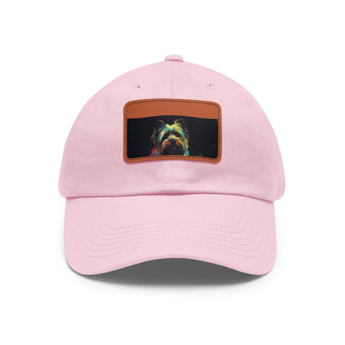 Adorable Yorkshire Terrier embroidered white baseball cap with rectangle patch