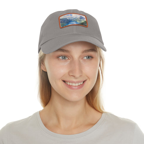 Swiss Alps watercolor baseball cap: white with light brown patch.