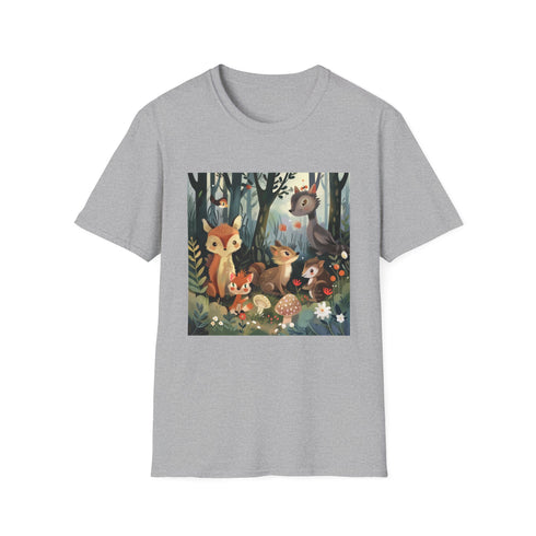 Charcoal cotton t-shirt with woodland creatures print and crew neck design