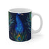 Colorful ceramic 11oz mug featuring vibrant peacock feather design for coffee lovers.