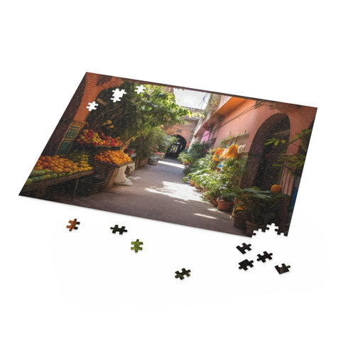 Colorful Marrakech Market Puzzle featuring markets, architecture, gardens. 10"x 8" (120 pcs).