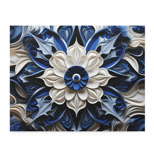 Blue porcelain texture puzzle with mesmerizing repeating pattern for relaxation.