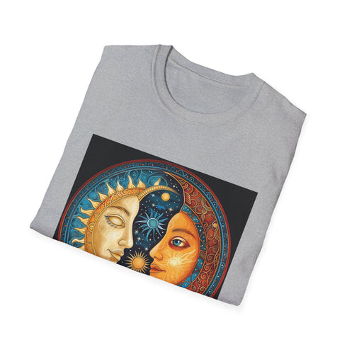 Charcoal cotton t-shirt with mandala sun and moon design