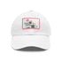Hand-drawn floral white baseball cap with light brown patch.