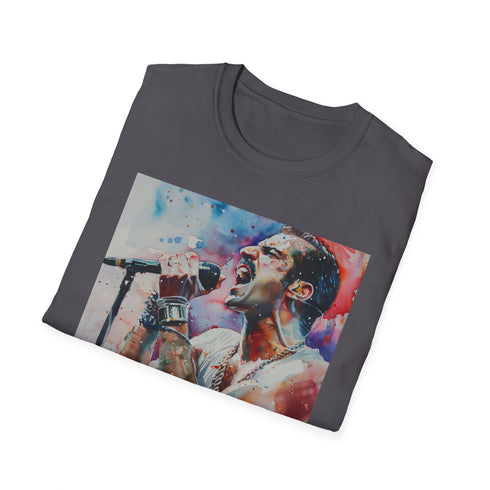 "Queen & Aid watercolor tribute Freddie Mercury t-shirt, charcoal, small."