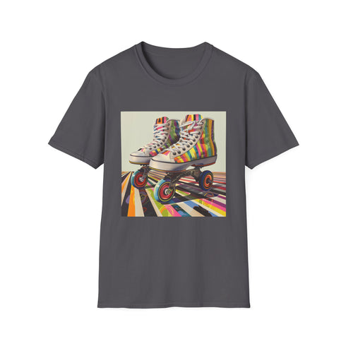 Charcoal retro roller skate t-shirt with vibrant colorful stripes.