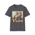 Charcoal retro roller skate t-shirt with vibrant colorful stripes.