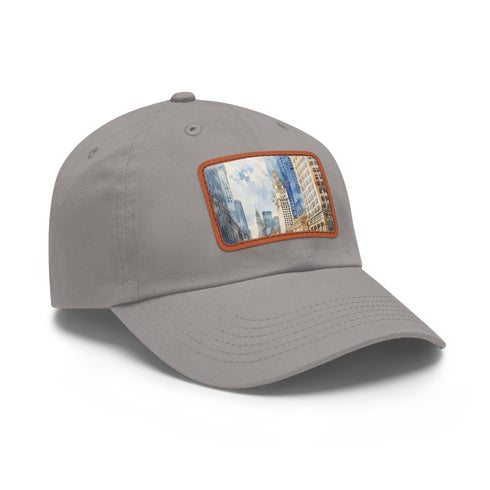 Chicago skyline splatter cap in white with light brown patch.