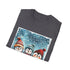 Charcoal penguin T-shirt with cozy winter hats and scarves design