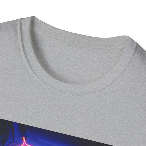 Charcoal crew neck t-shirt with neon tropical cocktail design evocative of summer